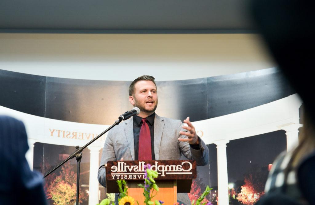 Eric Gilbert speaks to the President’s Club Dinner attendees. (CU Photo by Joshua Williams)